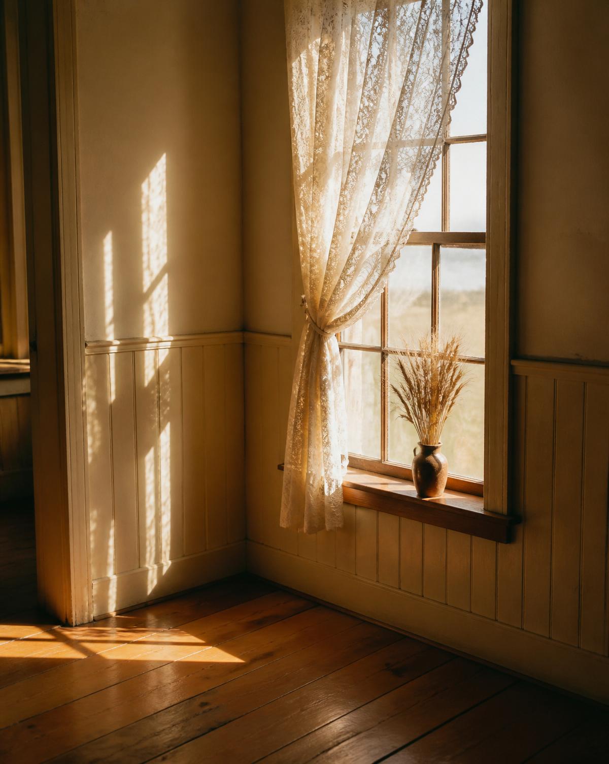 Lace curtain and dried wheat on the windowsill of the heritage home